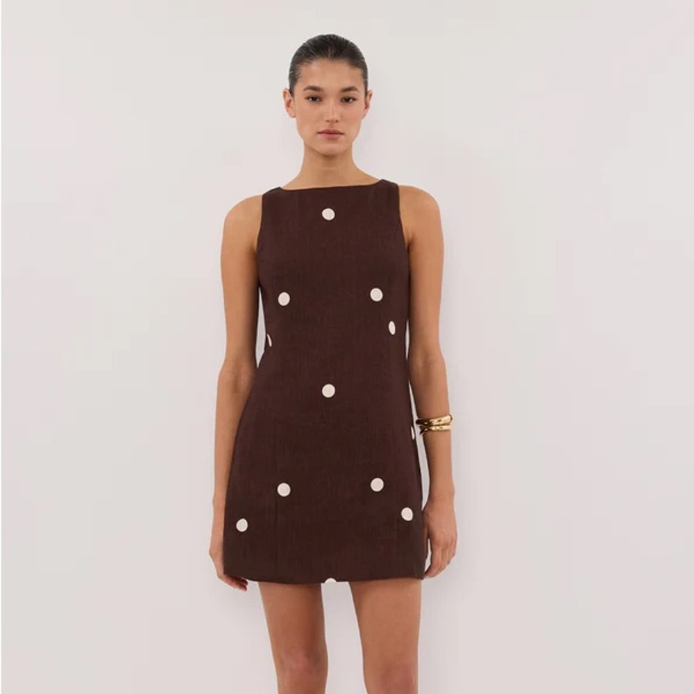 Dissh Beverly Bitter Chocolate Brown Polka Dot Sleeveless Linen Mini Dress